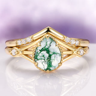 Celtic Teardrop Green Moss Agate Ring Set in 14K Yellow Gold Vermeil