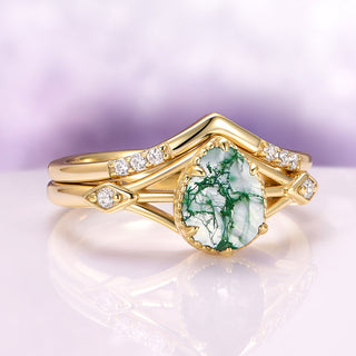 Celtic Teardrop Green Moss Agate Ring Set in 14K Yellow Gold Vermeil