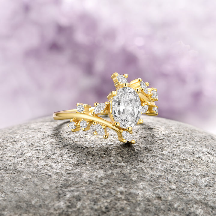 Moissanite/Diamond Leaf Engagement Ring- 14K Solid Yellow Gold