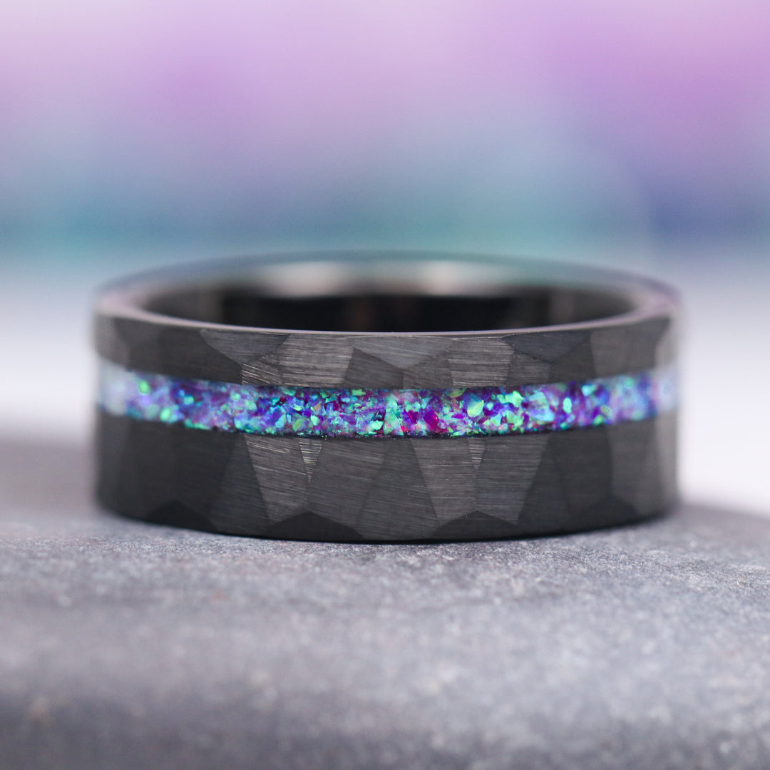 Crushed Lavender Fire Opal Band - 8MM Black Tungsten (Hammered)