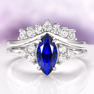 Marquise Cut Blue Sapphire Bridal Ring Set in Sterling Silver