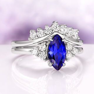 Marquise Cut Blue Sapphire Bridal Ring Set in Sterling Silver