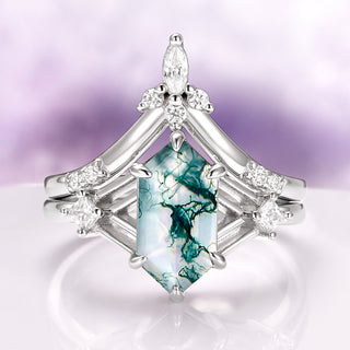 Celtic Hexagon Cut Green Moss Agate Ring Set in Sterling Silver