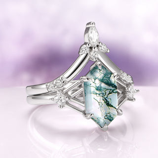 Celtic Hexagon Cut Green Moss Agate Ring Set in Sterling Silver