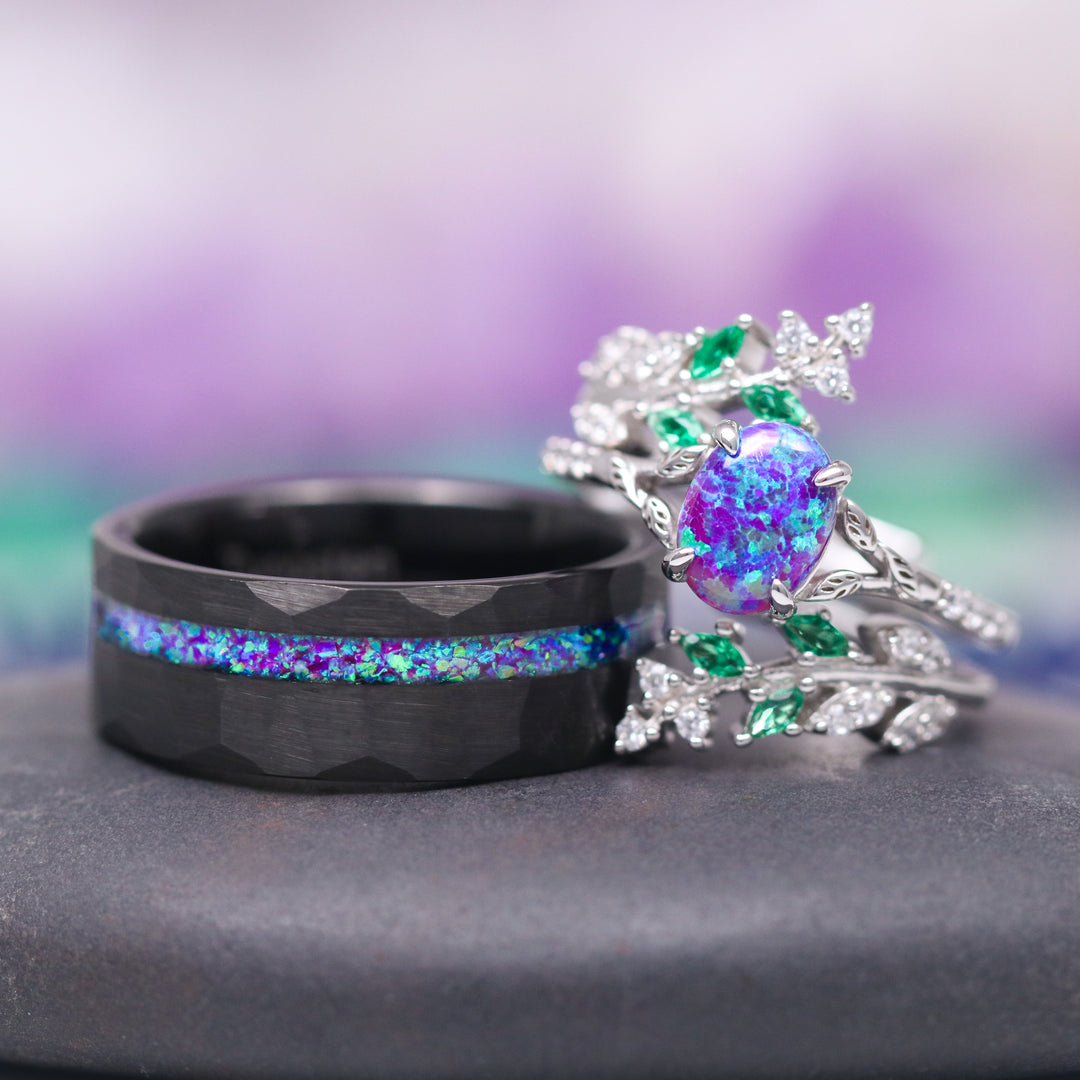 Lavender Fire Opal & Emerald Leaf Couples Ring