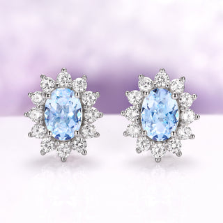 Diana Halo Oval Aquamarine Stud Earrings in Sterling Silver