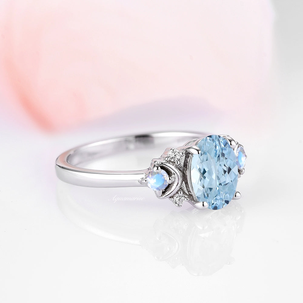 Aquamarine & Moonstone Moon Ring For Women 925 Sterling Silver Engagement Ring- Promise Ring- March and June Birthstone Jewelry Gift For Her