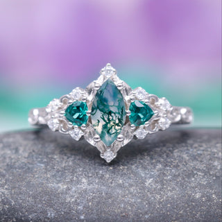 Elain Moss Agate & Teal Sapphire Leaf Ring- Sterling Silver