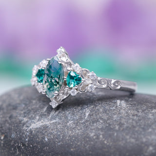 Elain Moss Agate & Teal Sapphire Leaf Ring- Sterling Silver