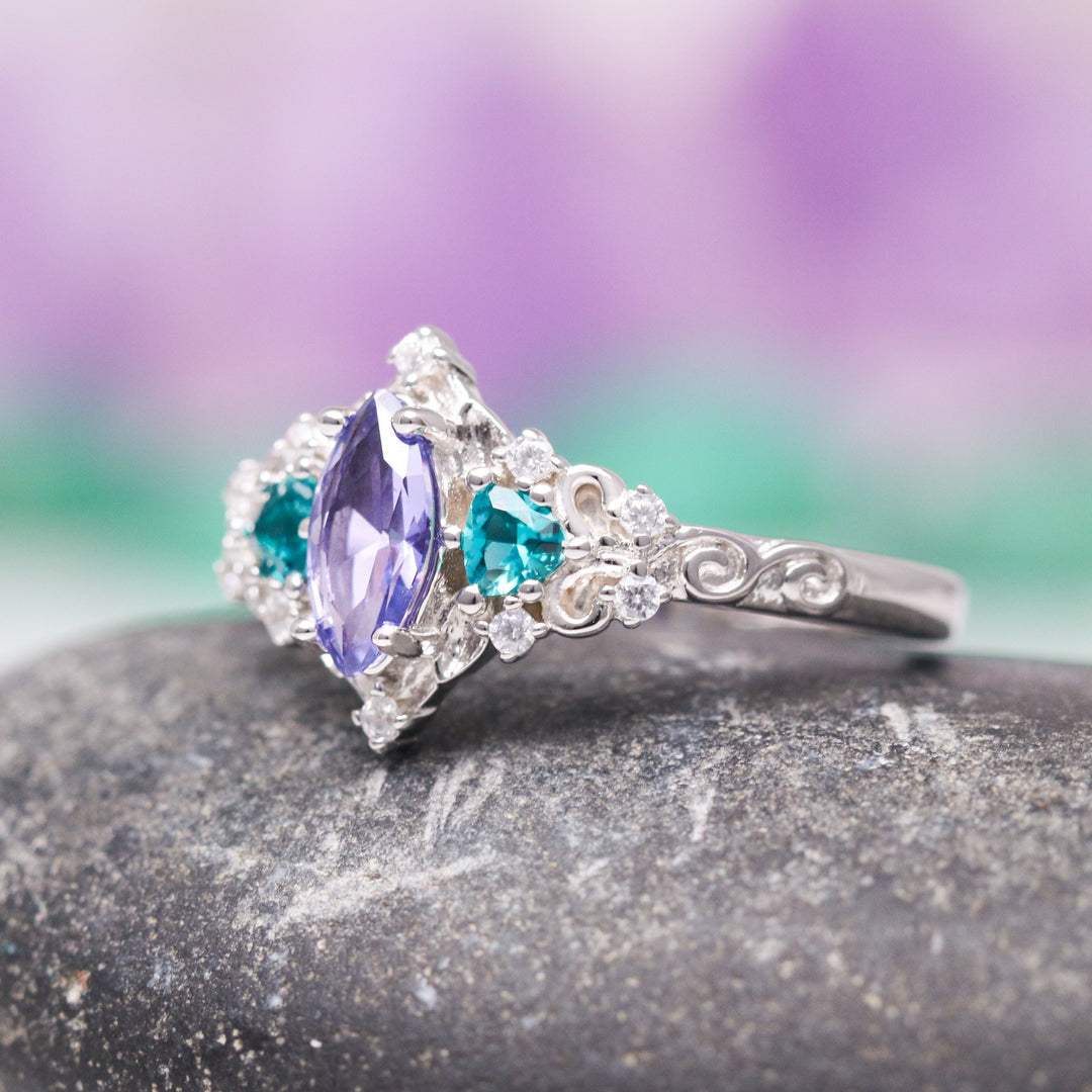 Elain Tanzanite & Teal Sapphire Fairy Ring- 14K White Gold