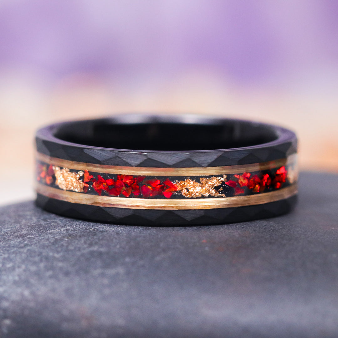 Red Fire Opal and Gold Leaf Wedding Band- 6MM Black and Gold Tungsten (Two Tone)