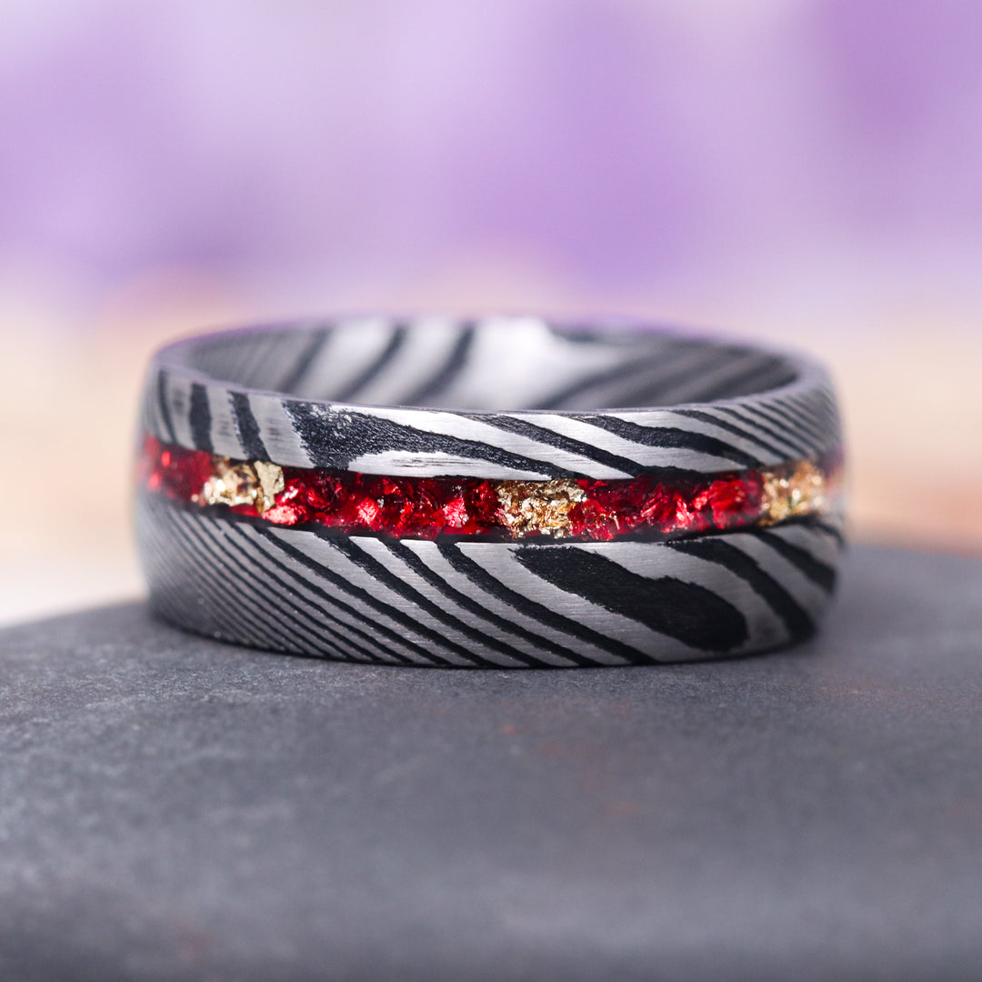 Crushed Red Garnet and Gold Leaf Wedding Band- 8MM Damascus Steel