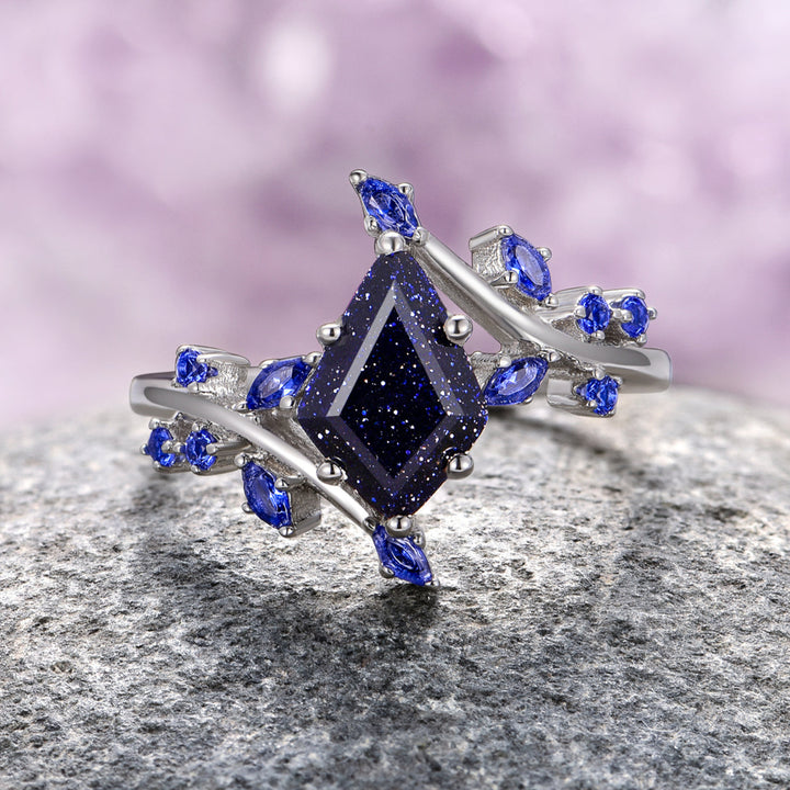 Starry Night and Sapphire Leaf Ring- Sterling Silver