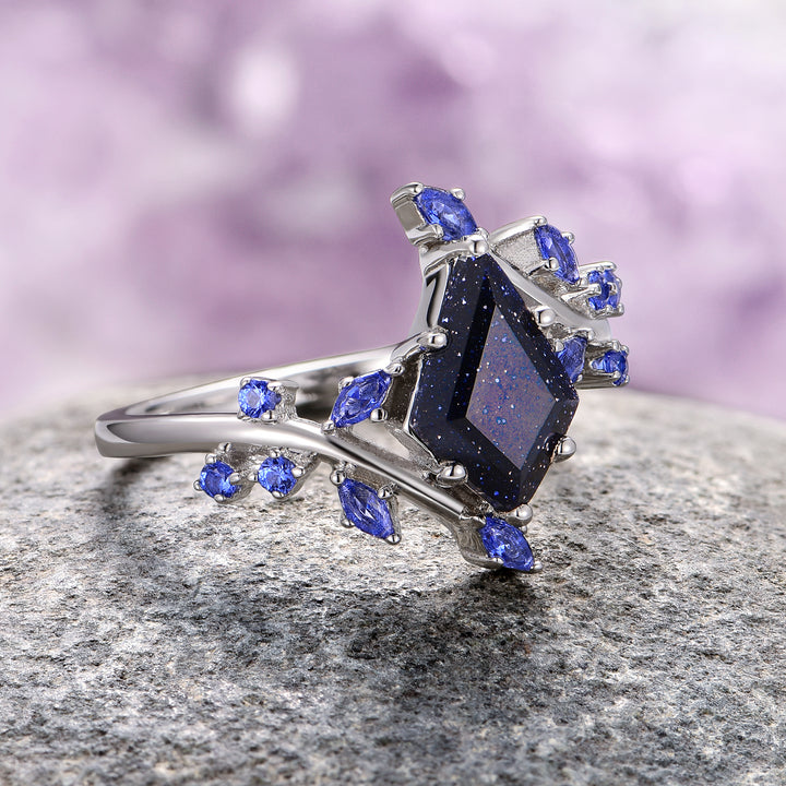 Starry Night and Sapphire Leaf Ring- 14K White Gold