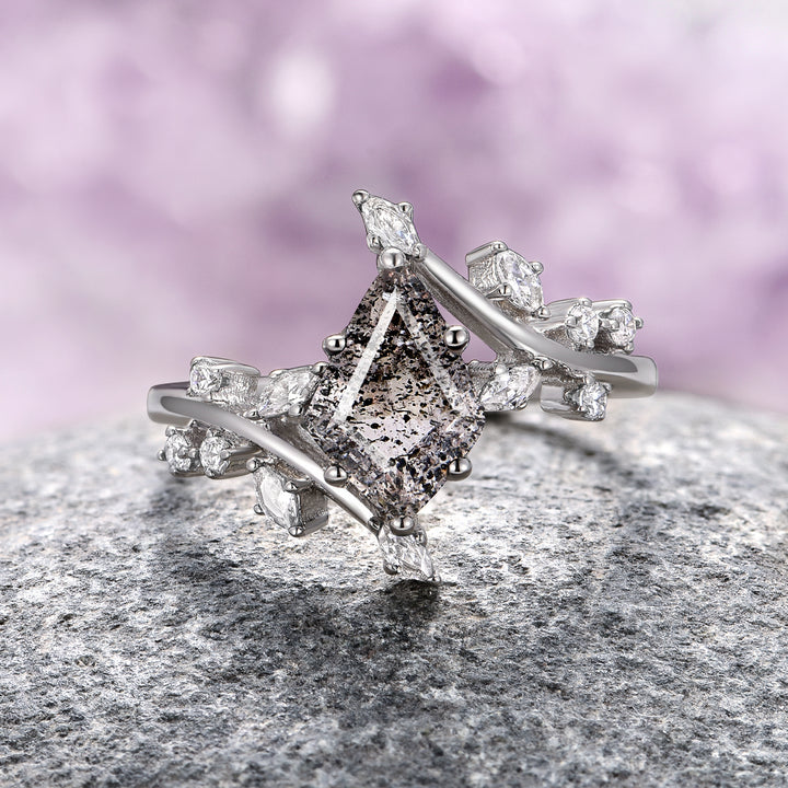 Galaxy Salt and Pepper (Herkimer) Diamond & Meteorite Couples Ring