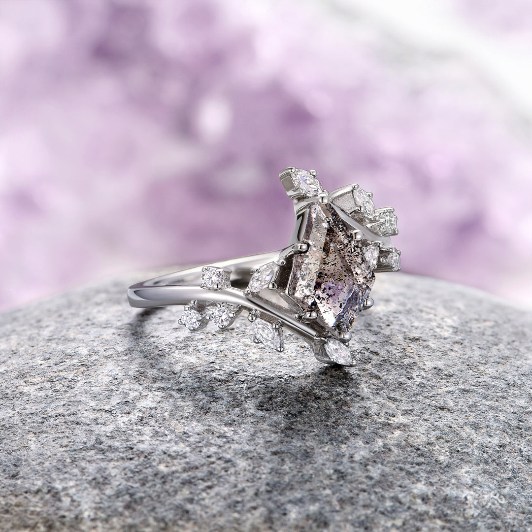 Galaxy Raw Salt & Pepper (Herkimer Diamond) Leaf Ring- Sterling Silver