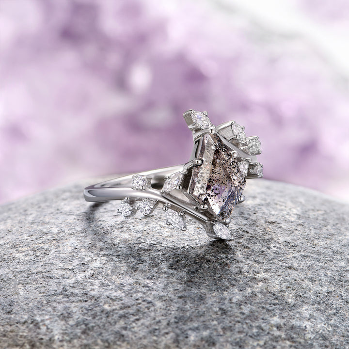 Galaxy Salt and Pepper (Herkimer) Diamond & Meteorite Couples Ring