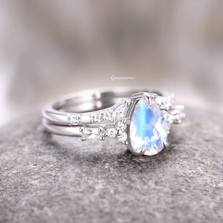 Teardrop Natural Moonstone Ring Set - Sterling Silver