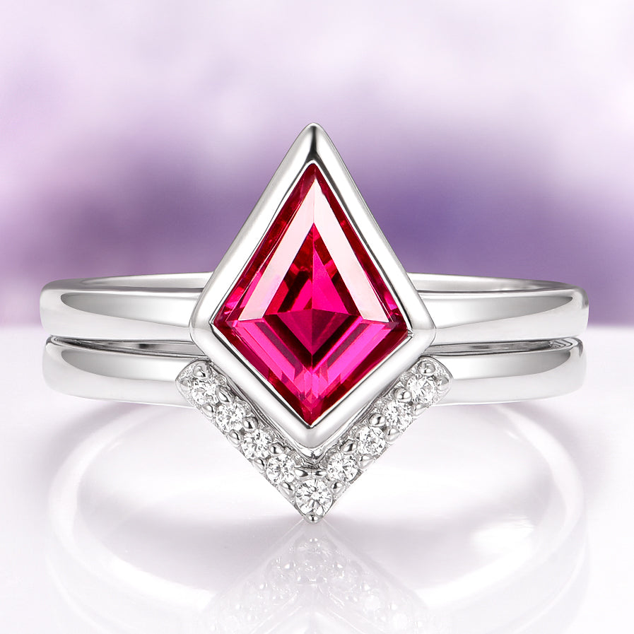 Minimalist Kite Cut Bezel Lab-Grown Ruby Ring Set in Sterling Silver ...
