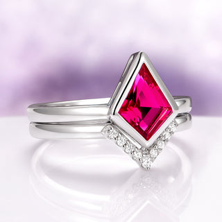 Kite Ruby Bezel Engagement Ring Set in 14K White Gold