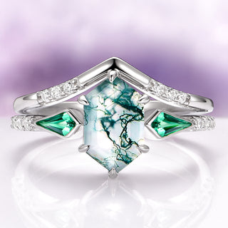 Celtic Green Moss Agate & Emerald Ring Set in Sterling Silver