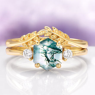Hexagon Green Moss Agate Fairy Leaf Ring Set in 14K Yellow Gold Vermeil
