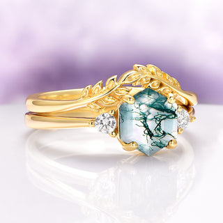 Hexagon Green Moss Agate Fairy Leaf Ring Set in 14K Yellow Gold Vermeil