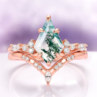 Kite Cut Green Moss Agate Bridal Ring Set in 14K Rose Gold Vermeil