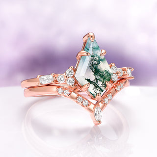 Kite Cut Green Moss Agate Bridal Ring Set in 14K Rose Gold Vermeil