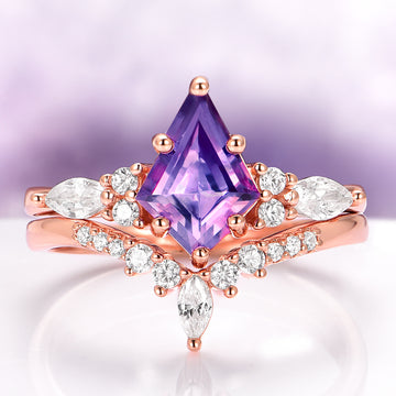 Skye Kite® Natural Amethyst Engagement Ring Set in 14K Solid Rose Gold featuring a kite-cut amethyst center stone with marquise and round accent diamonds by Aquamarise Gold.