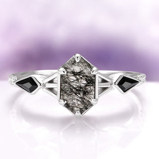 Hexagon Cut Rutilated Quartz & Black Onyx Ring in Sterling Silver