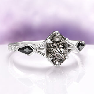 Hexagon Cut Rutilated Quartz & Black Onyx Ring in Sterling Silver