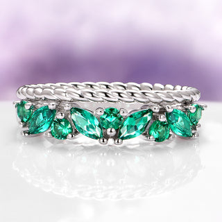 Willow Marquise Emerald Stacking Wedding Ring Set in Sterling Silver