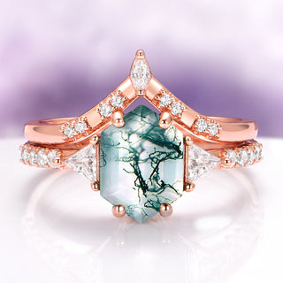 Hexagon Cut Green Moss Agate Engagement Ring Set in 14K Rose Gold Vermeil