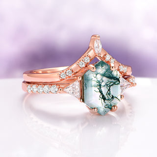 Hexagon Cut Green Moss Agate Engagement Ring Set in 14K Rose Gold Vermeil