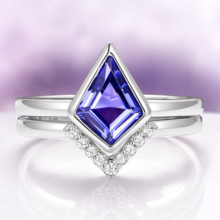 Kite Cut Natural Tanzanite Bezel Engagement Ring Set in 14K White Gold