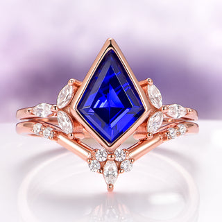 Kite Cut Bezel Blue Sapphire Ring Set in 14K Rose Gold Vermeil