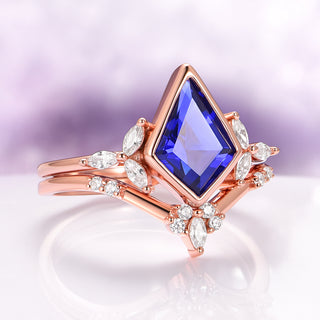 Kite Cut Bezel Blue Sapphire Ring Set in 14K Rose Gold Vermeil