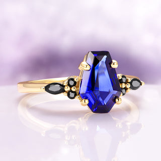 Coffin Cut Blue Sapphire & Black Onyx Engagement Ring in 14K Yellow Gold Vermeil