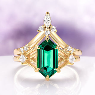 Celtic Hexagon Cut Emerald Bridal Ring Set in 14K Yellow Gold Vermeil