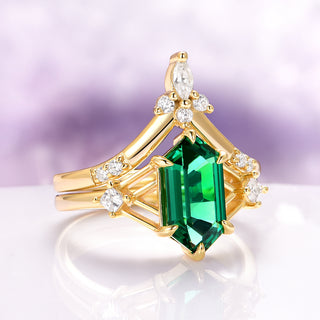 Celtic Hexagon Cut Lab-Grown Emerald Engagement Ring Set in 14K Solid Yellow Gold