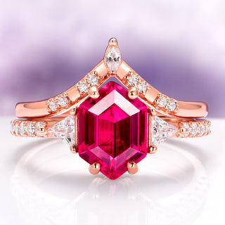 Hexagon Cut Lab-Grown Ruby Engagement Ring Set in 14K Rose Gold Vermeil