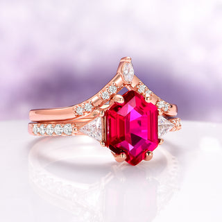 Hexagon Cut Lab-Grown Ruby Engagement Ring Set in 14K Rose Gold Vermeil