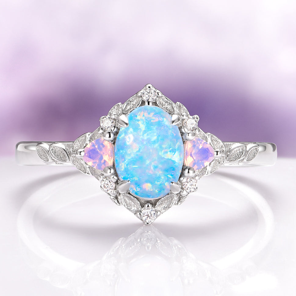 Blue Fire Opal Opalescent Sapphire Leaf Engagement Ring in