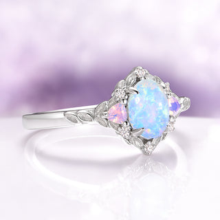 Blue Fire Opal & Opalescent Sapphire Leaf Engagement Ring in Sterling Silver