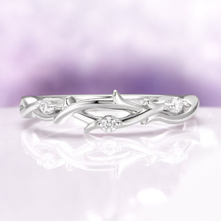 Moissanite Leaf Wedding Band in Sterling Silver