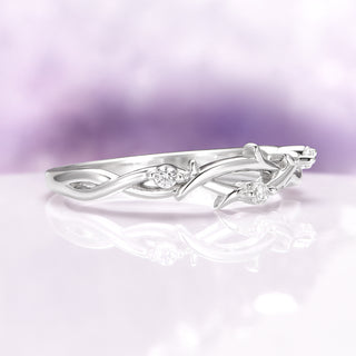 Moissanite Leaf Wedding Band in Sterling Silver