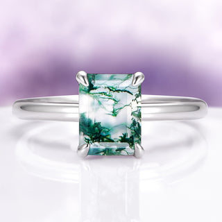 Emerald Cut Green Moss Agate Engagement Ring in Sterling Silver (Hidden Halo)