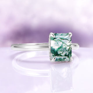 Emerald Cut Green Moss Agate Engagement Ring in Sterling Silver (Hidden Halo)