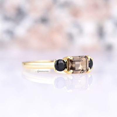 Cognac Diamond Ring- Black Diamond Wedding Band- 3 Stone Emerald Cut Engagement Ring Smoky Quartz- Anniversary Gift For Her 14K Gold Vermeil